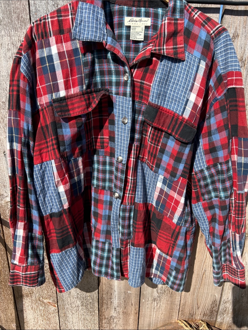 Eddie Bauer Red and Blue Patchwork Plaid Button‑Down Shirt